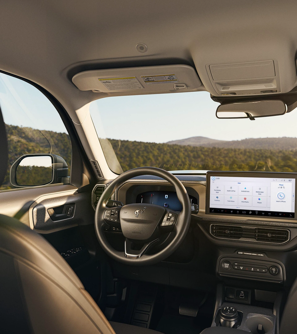 Intérieur du Ford Bronco Sport 2026 avec écran central, technologies Ford CoPilot360 et connectivité embarquée.