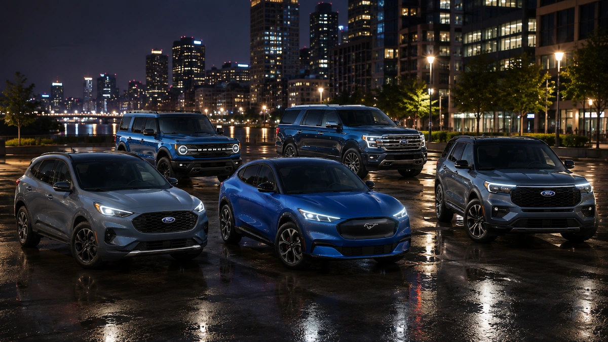 Gamme de VUS Ford 2026 réunie dans un décor urbain de nuit.
